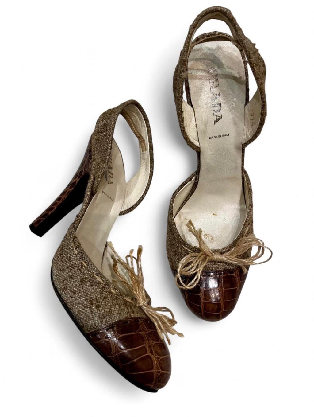 PRADA burlap/jute & croc slingback heels