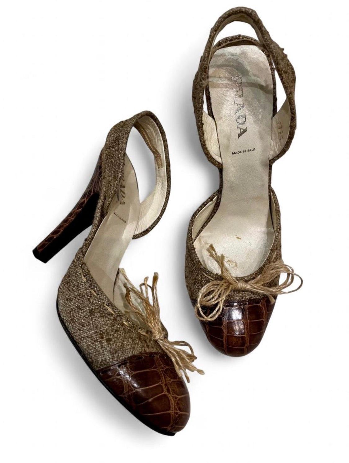 PRADA burlap/jute & croc slingback heels