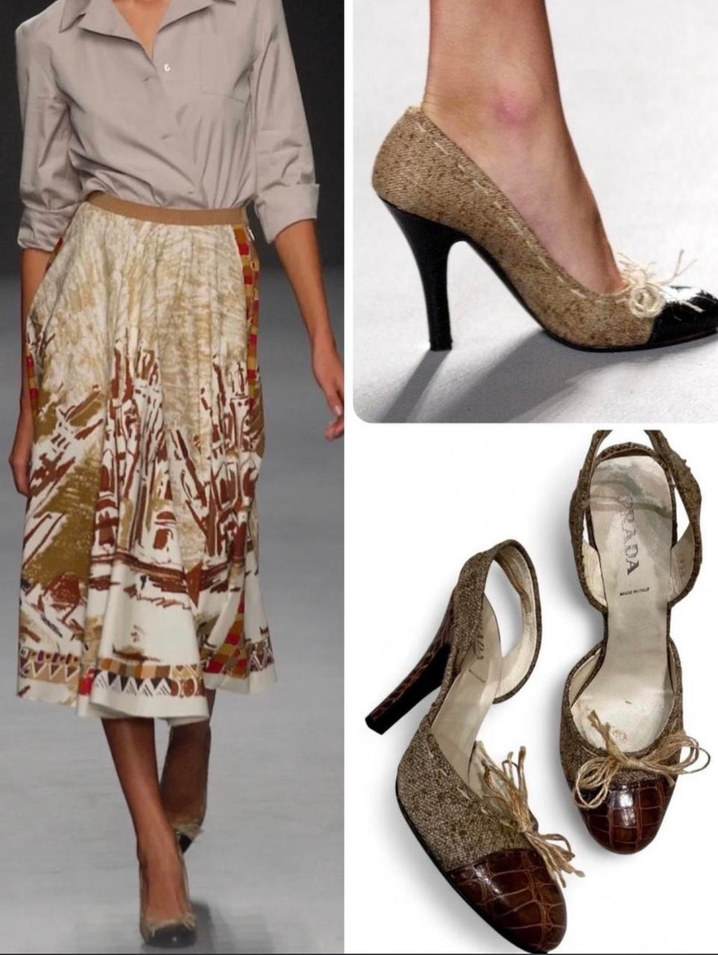 PRADA burlap/jute & croc slingback heels