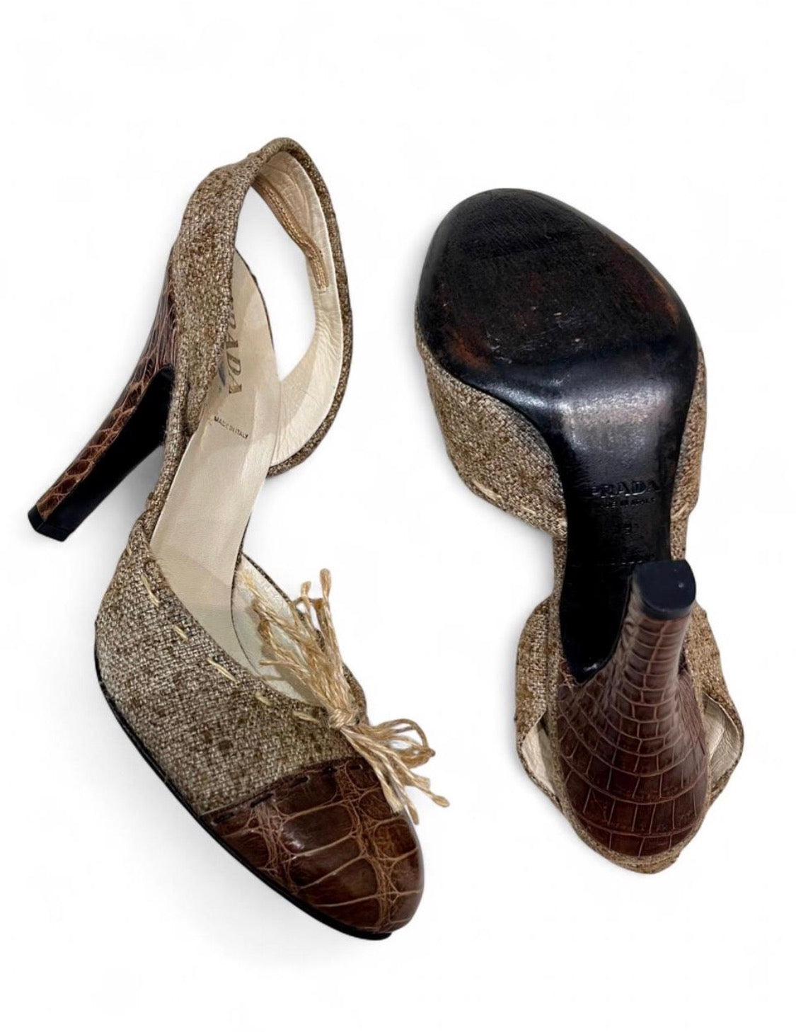 PRADA burlap/jute & croc slingback heels