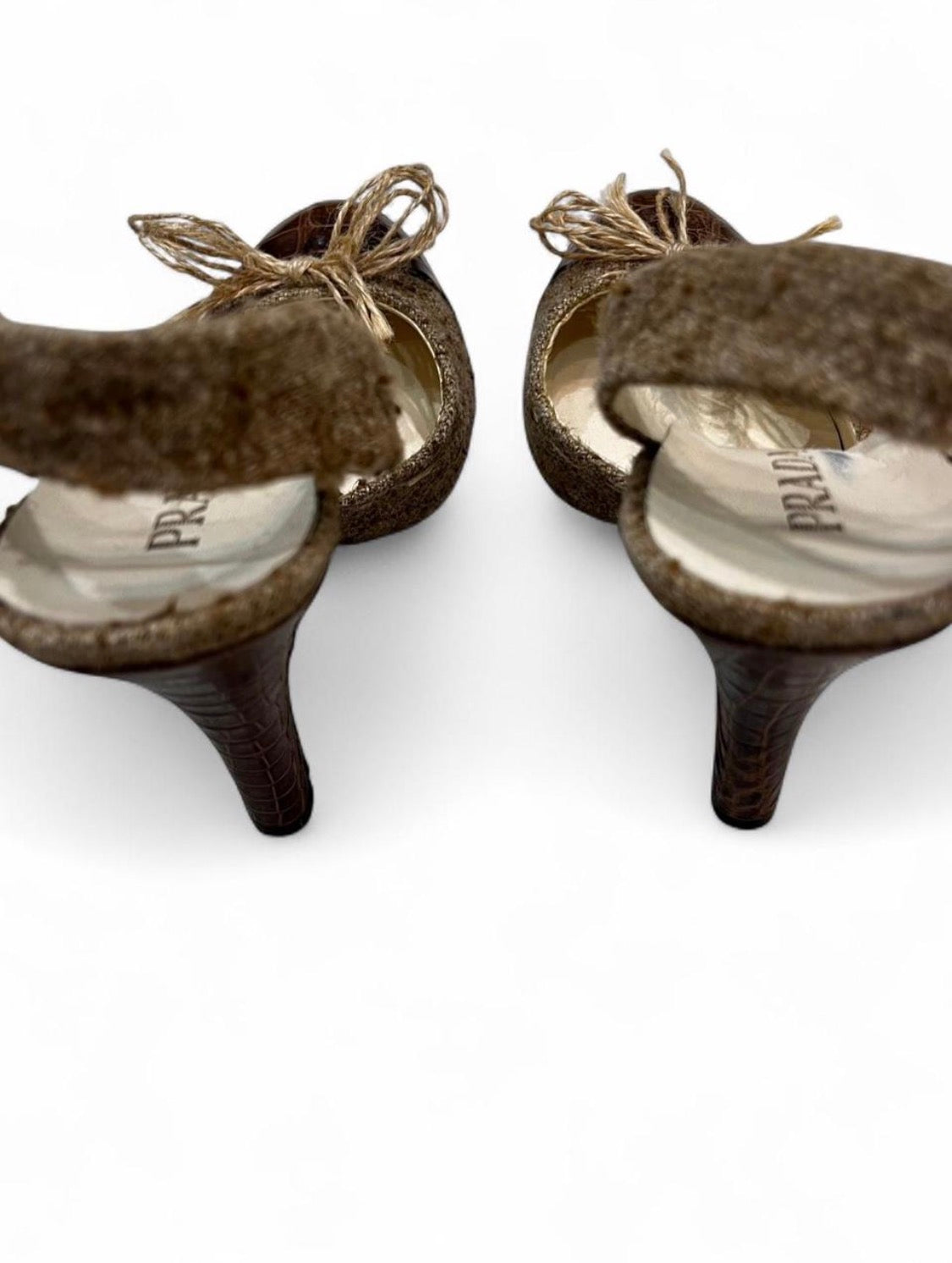 PRADA burlap/jute & croc slingback heels