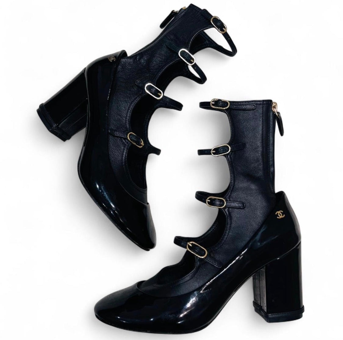 CHANEL Lambskin & Patent Leather Cage Heels