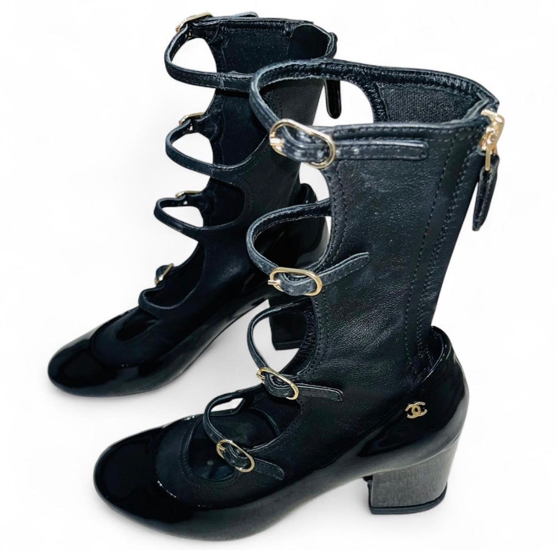 CHANEL Lambskin & Patent Leather Cage Heels