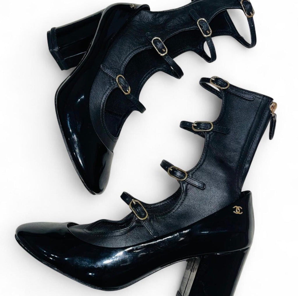 CHANEL Lambskin & Patent Leather Cage Heels