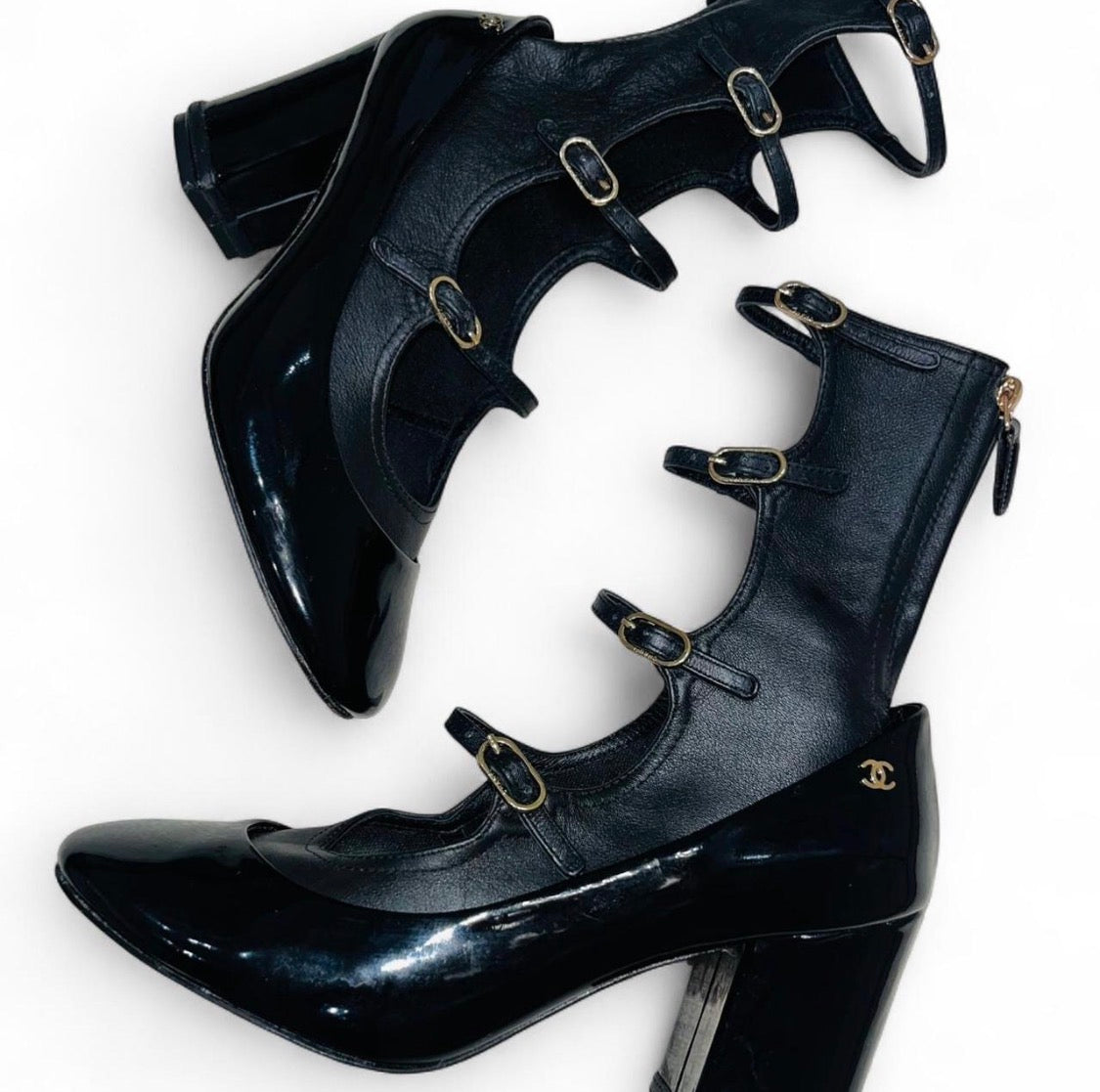 CHANEL Lambskin & Patent Leather Cage Heels