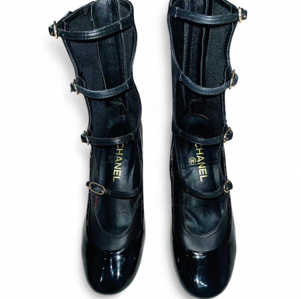 CHANEL Lambskin & Patent Leather Cage Heels