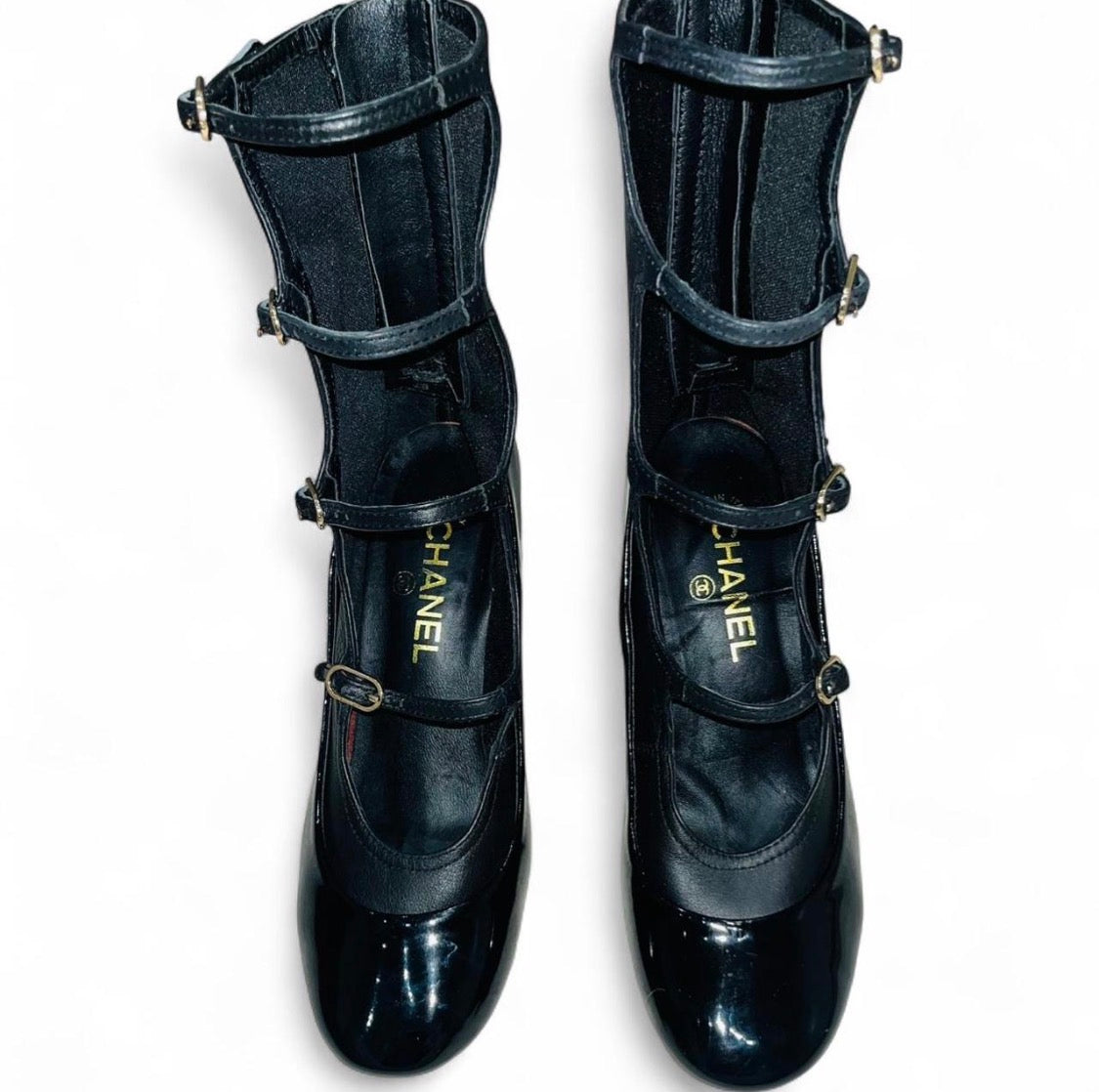 CHANEL Lambskin & Patent Leather Cage Heels