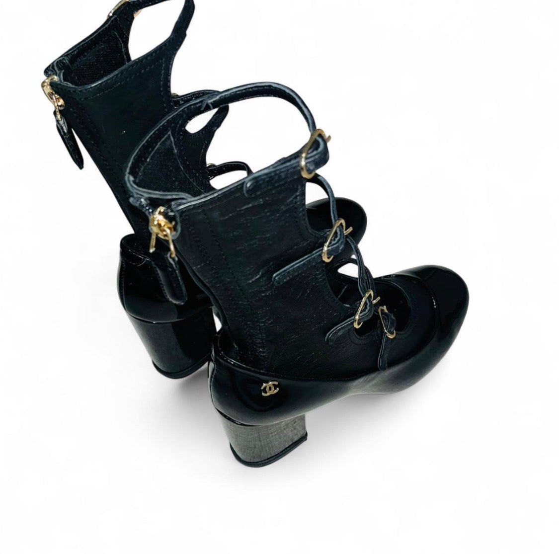 CHANEL Lambskin & Patent Leather Cage Heels