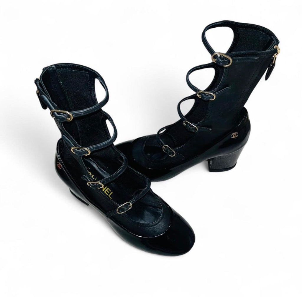 CHANEL Lambskin & Patent Leather Cage Heels