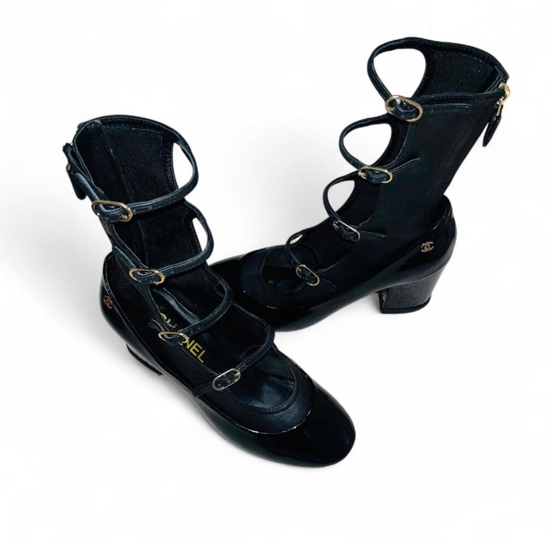 CHANEL Lambskin & Patent Leather Cage Heels
