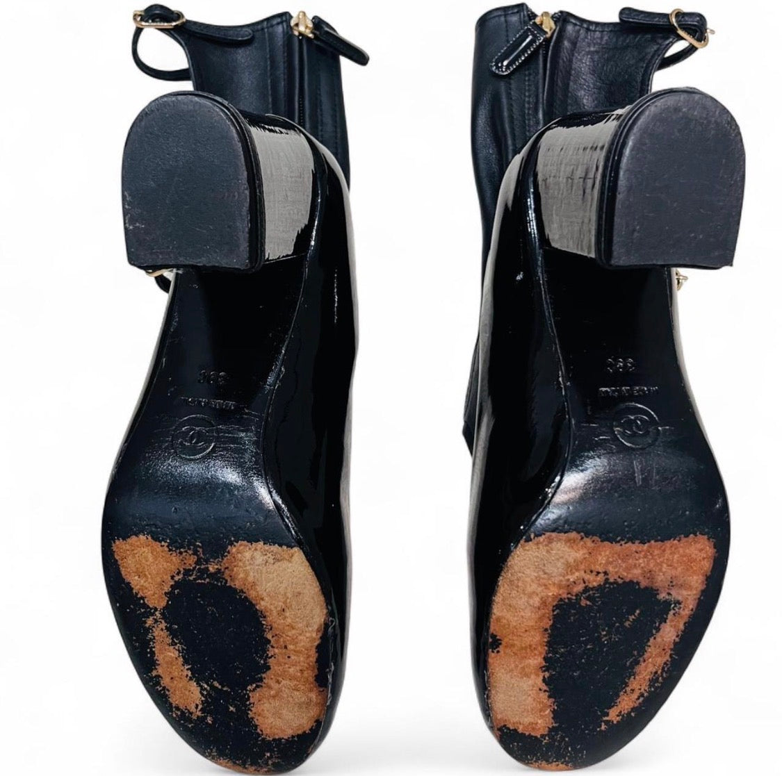 CHANEL Lambskin & Patent Leather Cage Heels