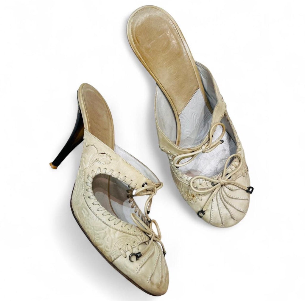 CHRISTIAN DIOR Cream Embossed Leather Mules