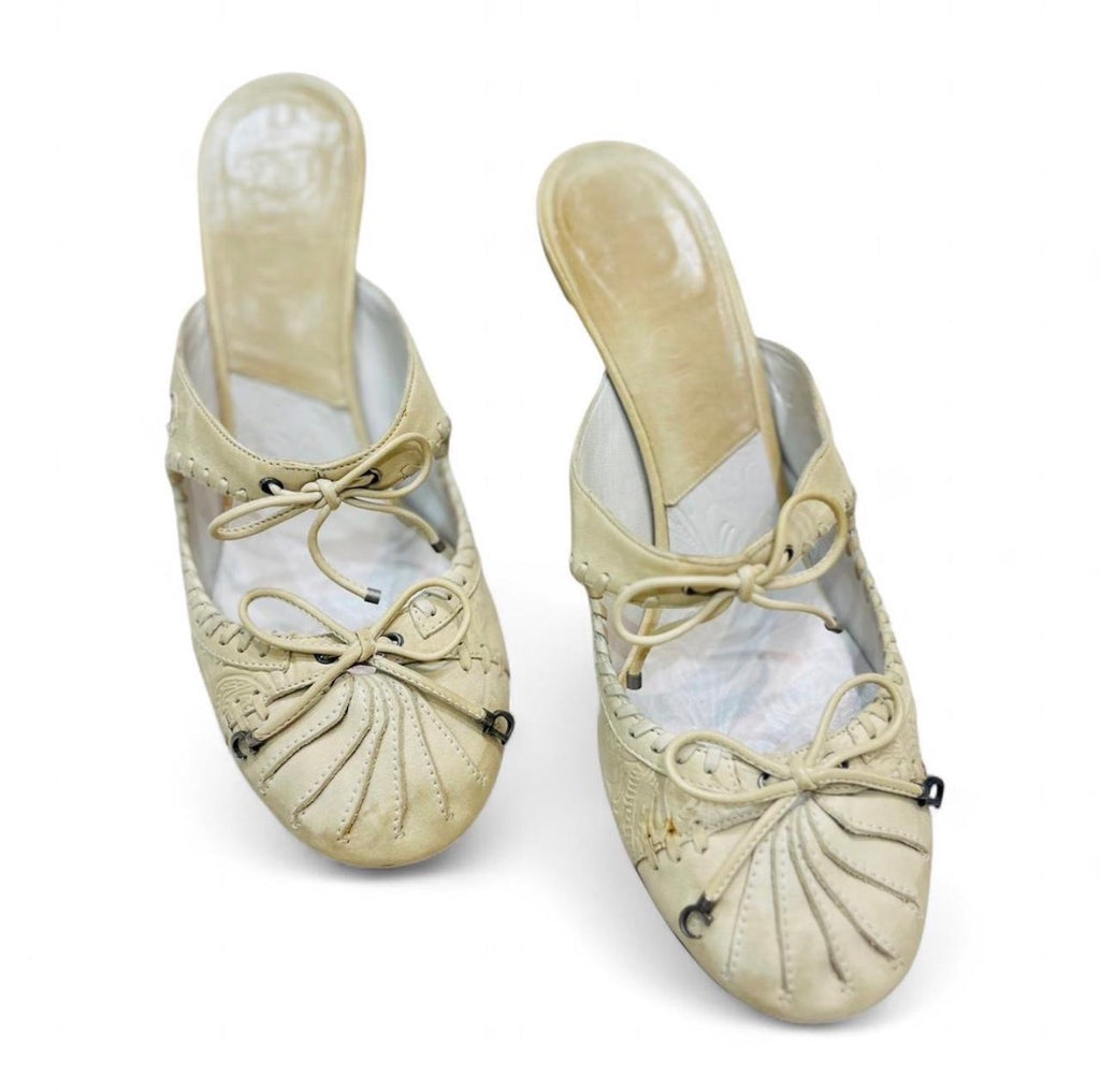 CHRISTIAN DIOR Cream Embossed Leather Mules