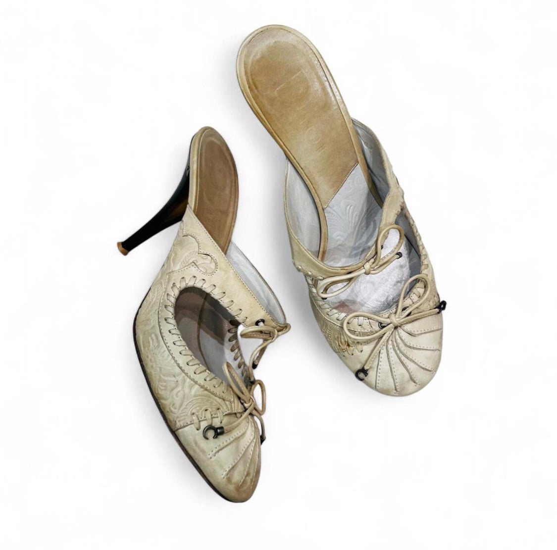 CHRISTIAN DIOR Cream Embossed Leather Mules