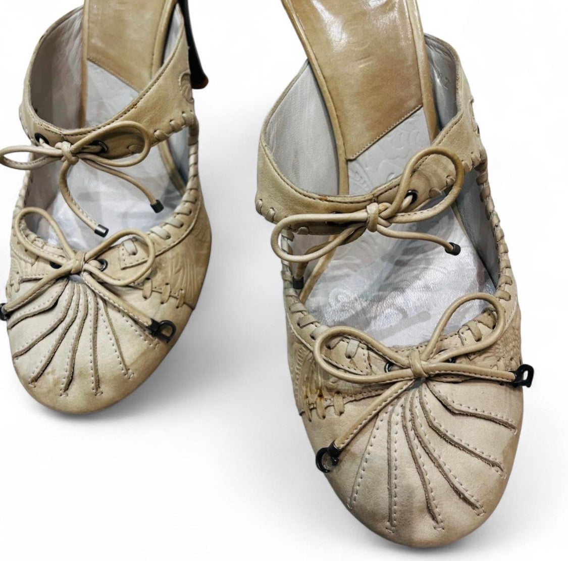 CHRISTIAN DIOR Cream Embossed Leather Mules