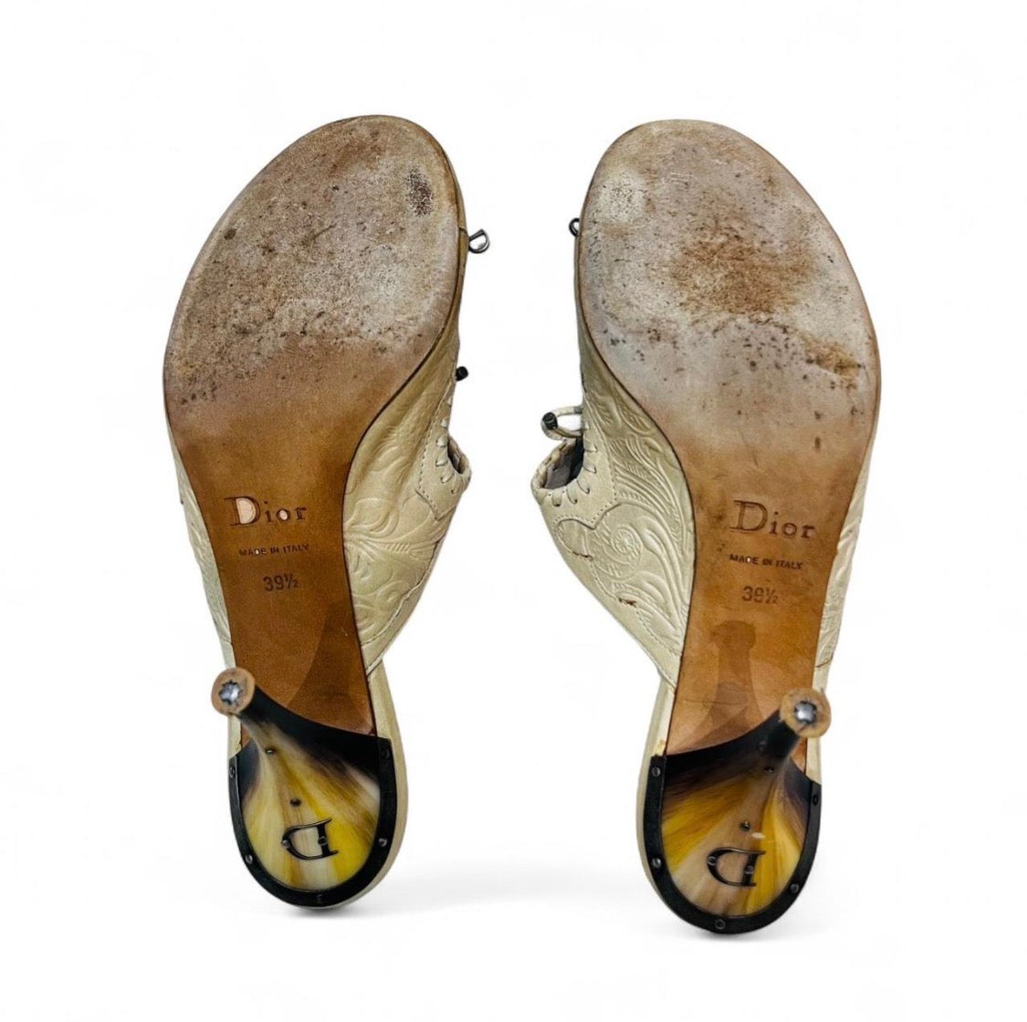 CHRISTIAN DIOR Cream Embossed Leather Mules