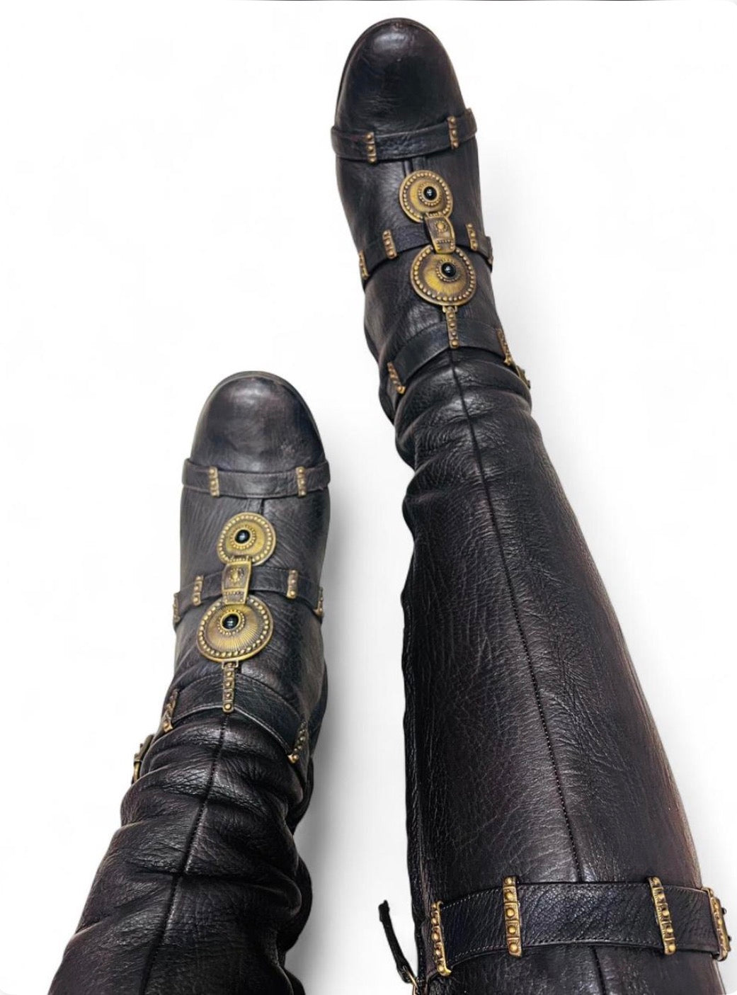 GUISSEPPE ZANOTTI leather knee-high boots with ornate antique gold hardware