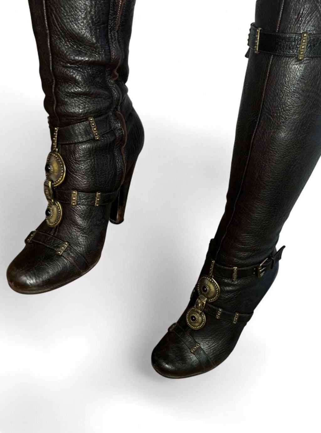 GUISSEPPE ZANOTTI leather knee-high boots with ornate antique gold hardware