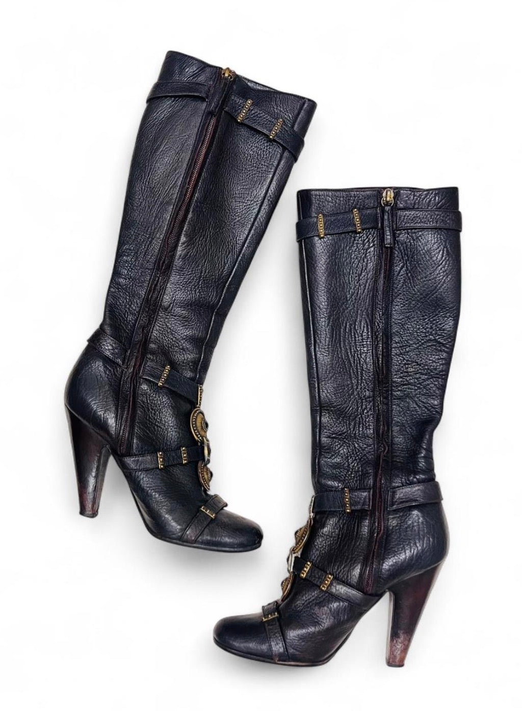 GUISSEPPE ZANOTTI leather knee-high boots with ornate antique gold hardware