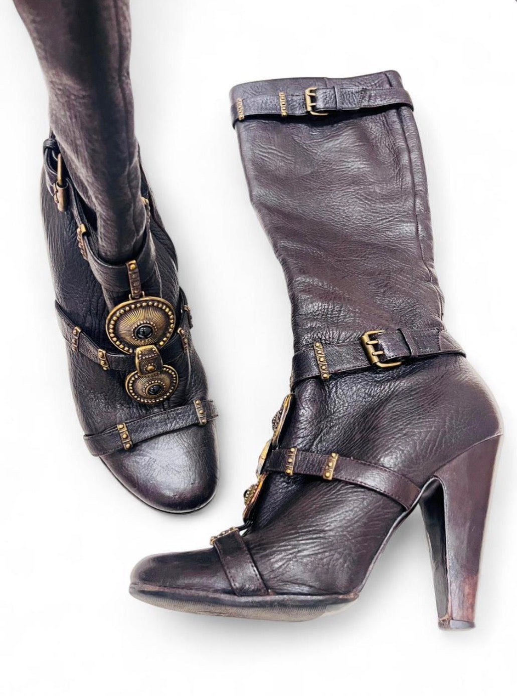 GUISSEPPE ZANOTTI leather knee-high boots with ornate antique gold hardware