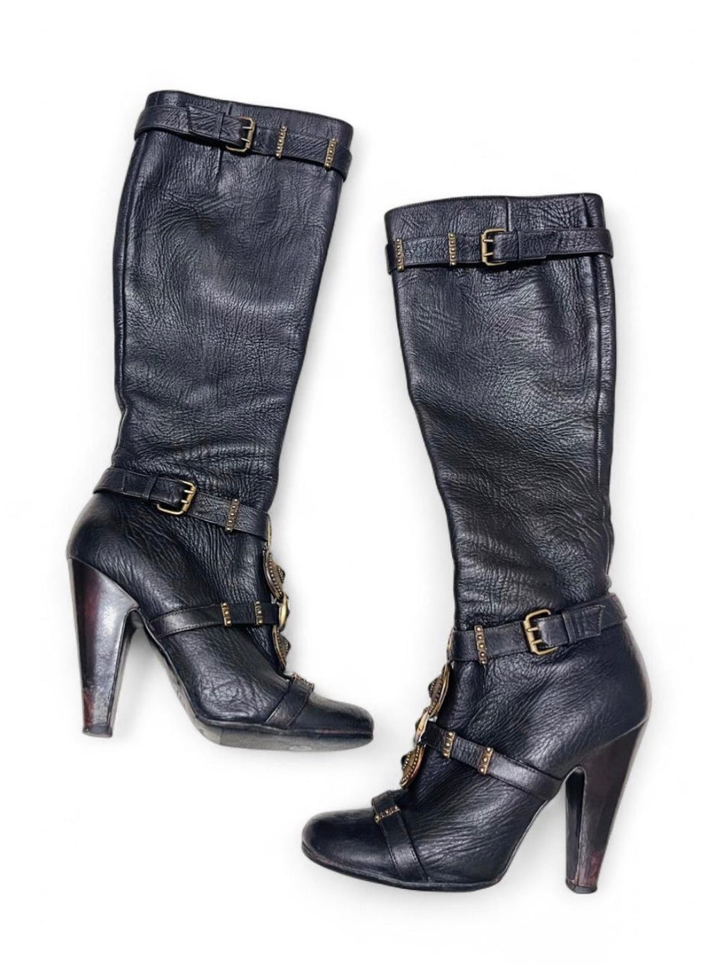GUISSEPPE ZANOTTI leather knee-high boots with ornate antique gold hardware