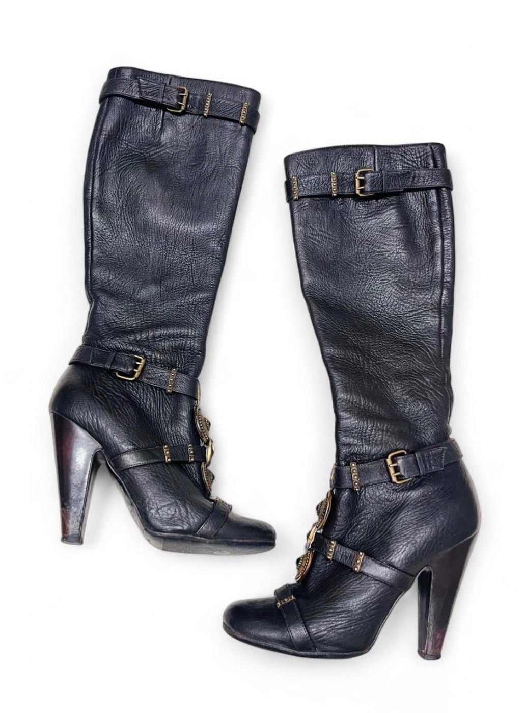 GUISSEPPE ZANOTTI leather knee-high boots with ornate antique gold hardware