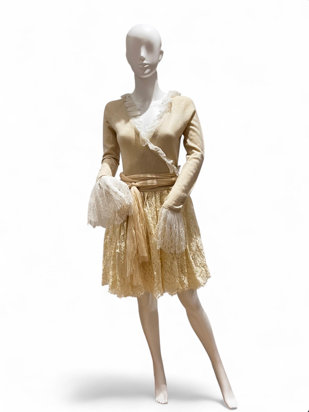 ANNA MOLINARI Cream Cashmere Lace Wrap Dress