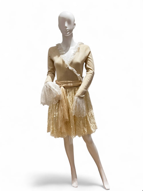 ANNA MOLINARI Cream Cashmere Lace Wrap Dress