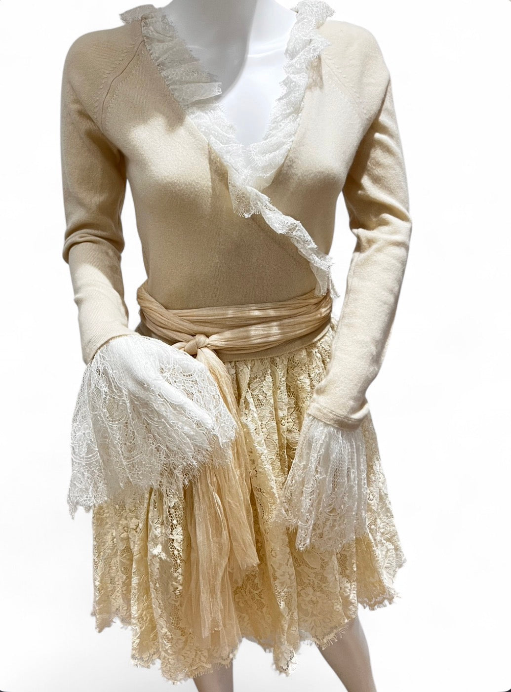 ANNA MOLINARI Cream Cashmere Lace Wrap Dress
