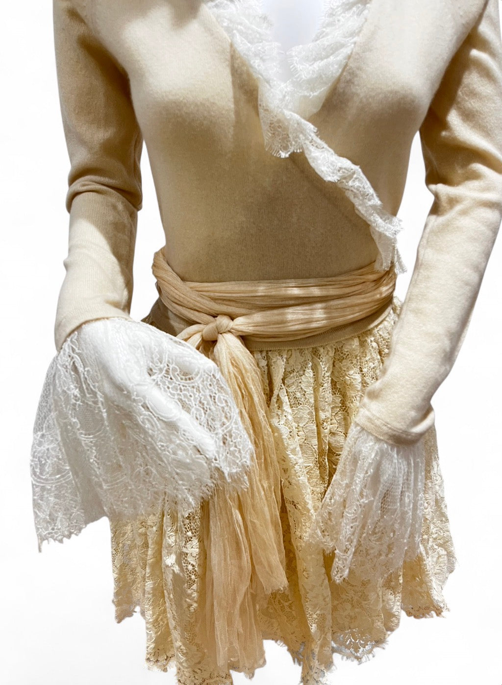 ANNA MOLINARI Cream Cashmere Lace Wrap Dress