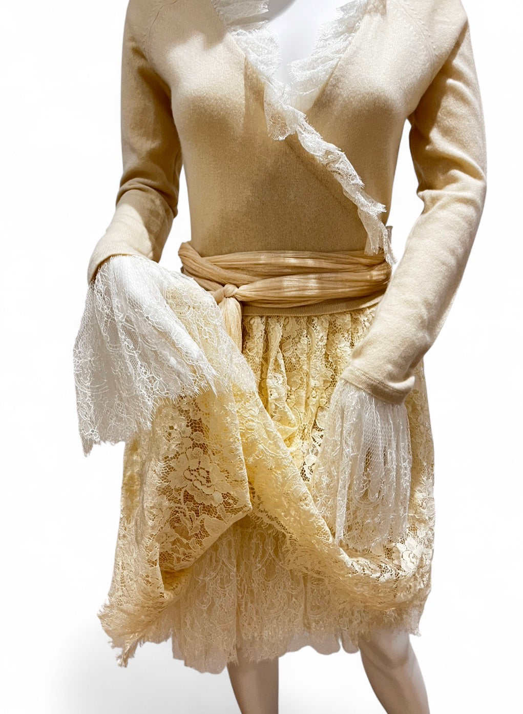 ANNA MOLINARI Cream Cashmere Lace Wrap Dress