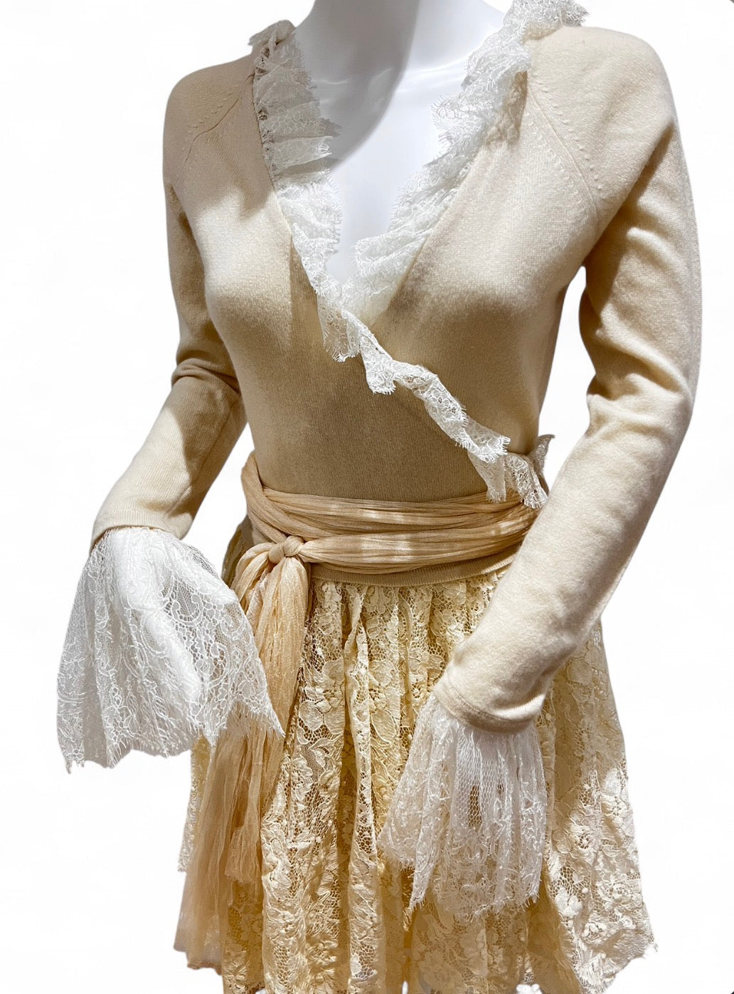 ANNA MOLINARI Cream Cashmere Lace Wrap Dress
