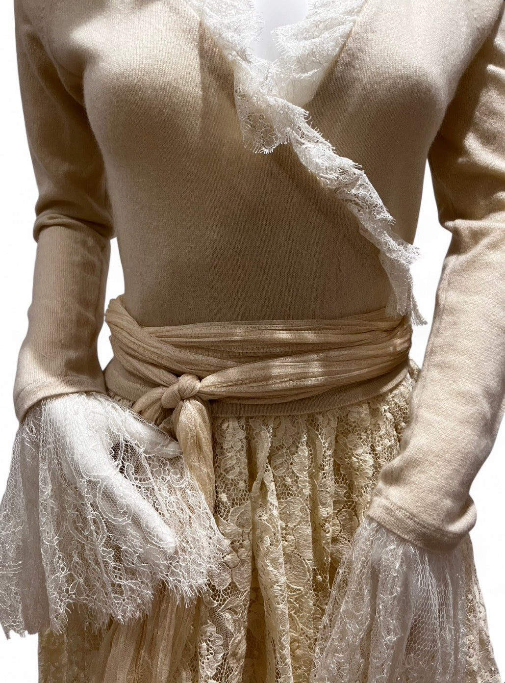 ANNA MOLINARI Cream Cashmere Lace Wrap Dress