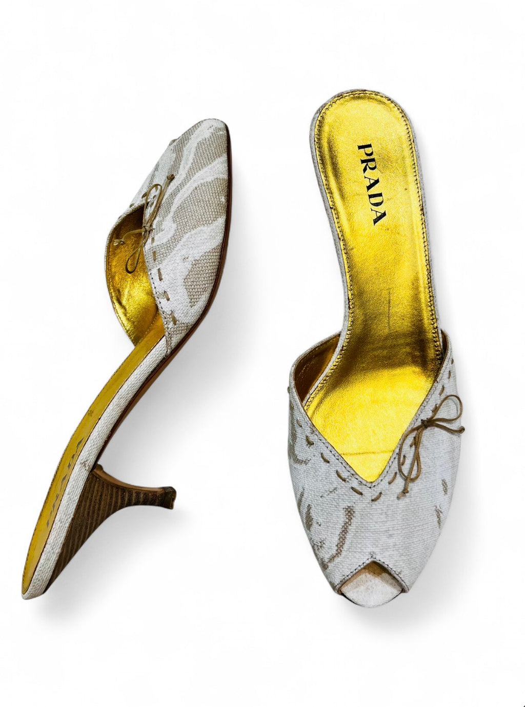 PRADA canvas kitten mule heels