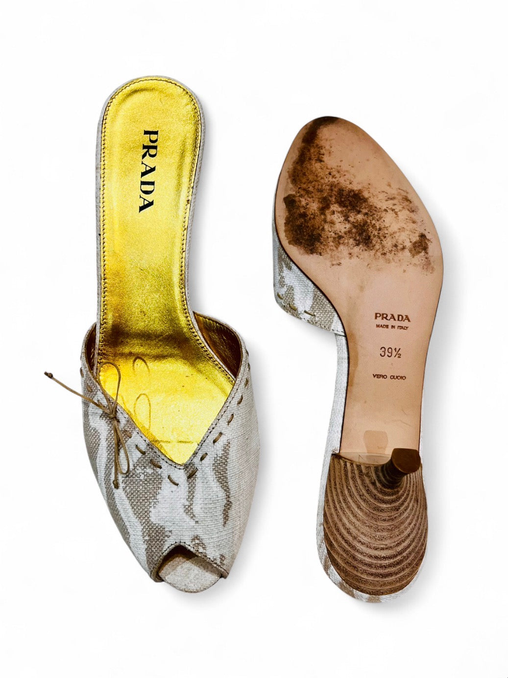 PRADA canvas kitten mule heels